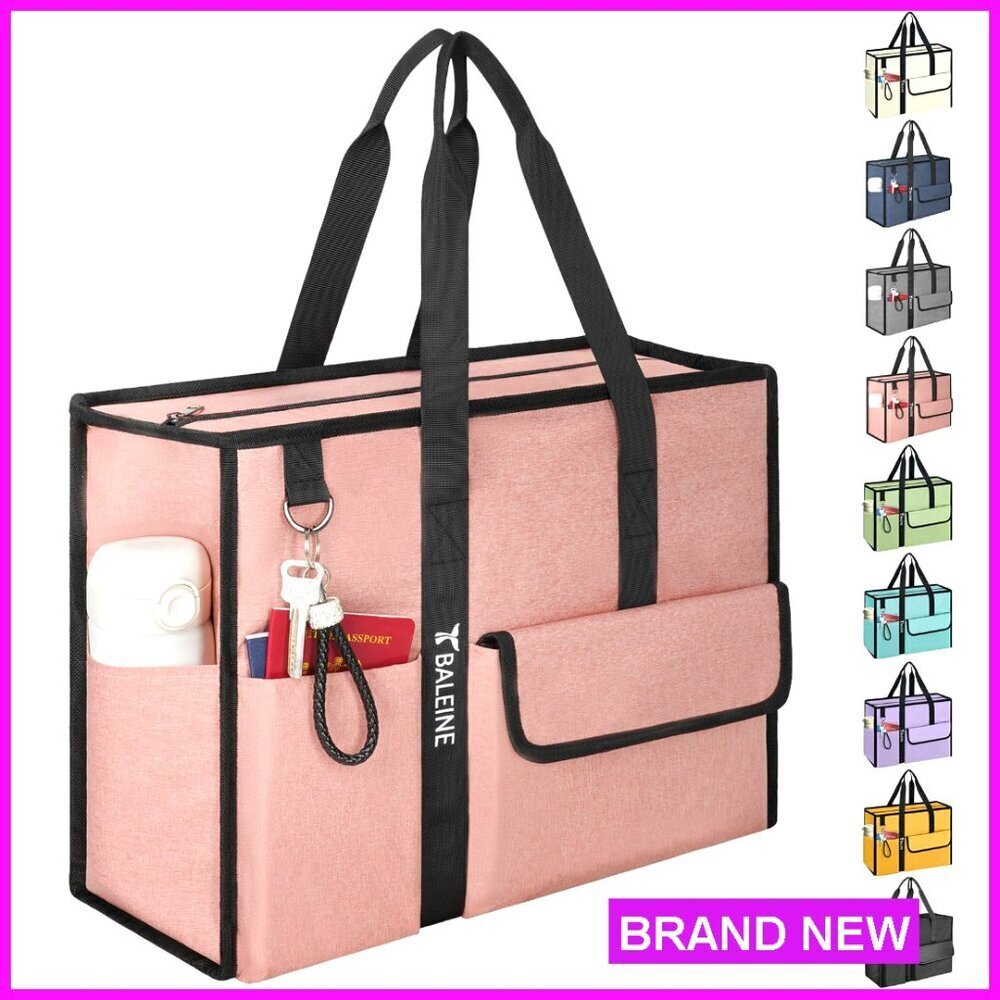 Large Utility Tote Bag Foldable Multi Pockets Reinforced Bottom Travel Work